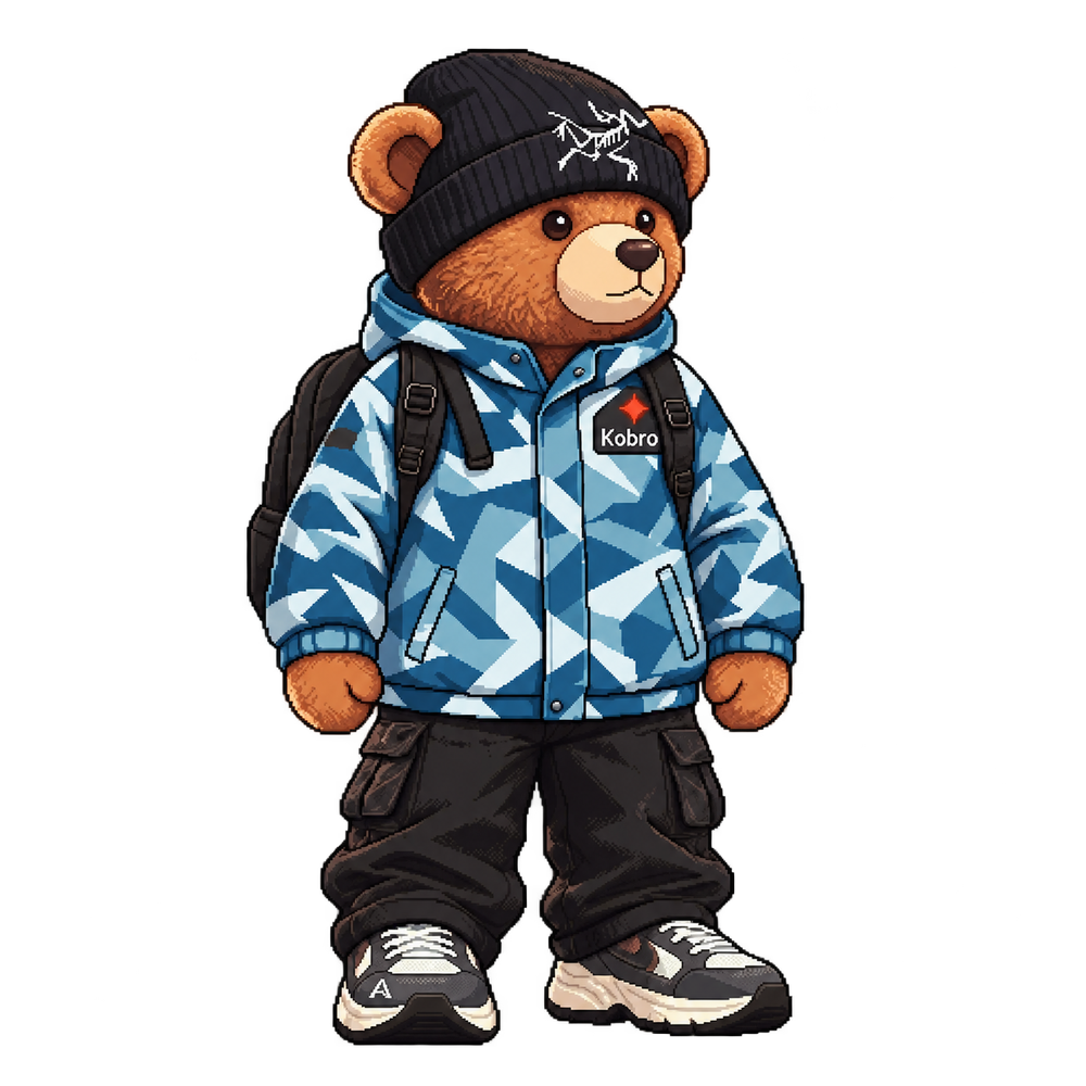 KOBRO bear carrying a camera and backpack