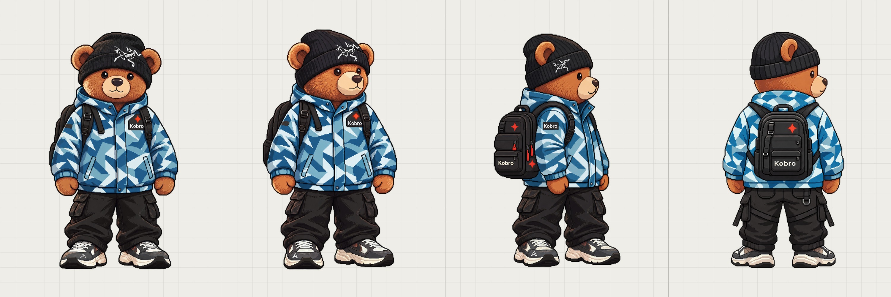 The new KOBRO bear shown from four angles: front, three-quarter, side and back